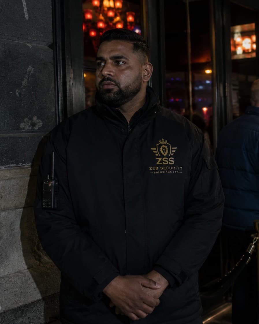 A Zeb Security door supervisor on duty outside a licensed venue at night